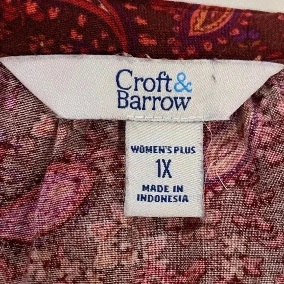 🎈Croft and Barrow women’s oversized paisley flowy burgundy bohemian top size 1X - Picture 2 of 7